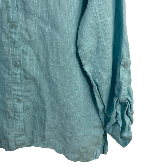 JM Collection Sky Baby Blue Button Up Shirt 14 Embroidered Stripes 100% Linen - Picture 3 of 7